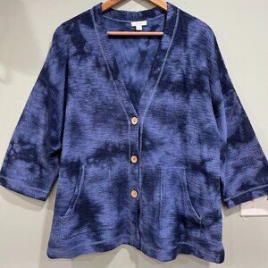 J. Jill Sz M Blue Tie Dyed Deep V Neck Cotton Cardigan Sweater Pockets